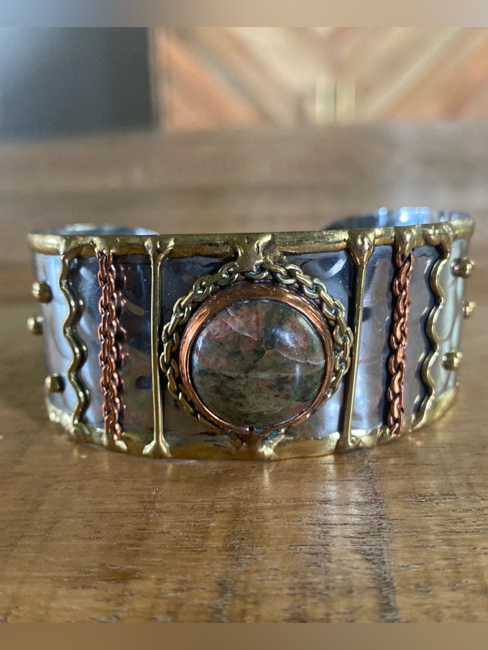 Tri-Metal & Unakite Jasper Boho Artisan Cuff Bracelet